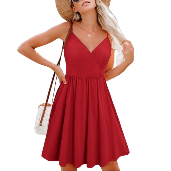 Red V-Neck Fit and Flare Mini Dress | M | Styleword Summer Dress - Picture 4 of 8